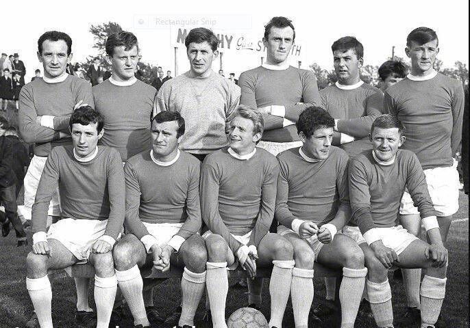 The Denis Law XI which played a Cork selected at Flower Lodge in May 1966. Back: Vinnie Maguire, Barry McGann, Tommy Taylor, Eddie Kehilly, Tony Allen, John Brohan. Front: Tony O’Connell, Noel Cantwell, Denis Law, Eric Barber, Austin Noonan. Nostalgia