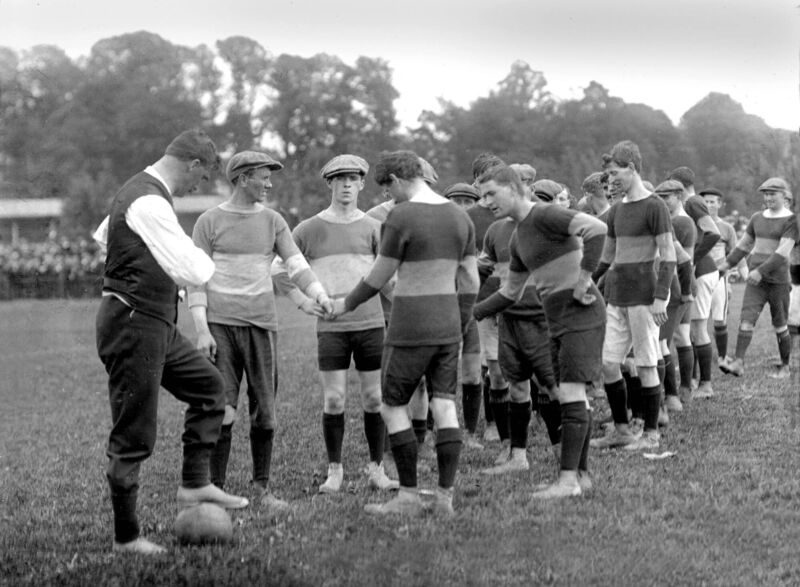Gaelic footballers shake hands before a match at the old Cork Athletic Grounds circa 1905 Gaelic footballers shake hands before a match at the old Cork Athletic Grounds circa 1905
