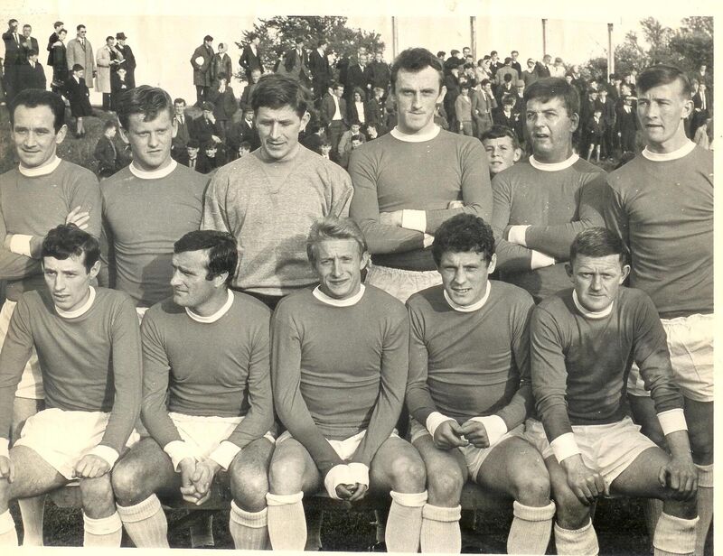 Denis Law XI which played a Cork selected at Flower Lodge in May 1966. Back: Vinnie Maguire, Barry McGann, Tommy Taylor, Eddie Kehilly, Tony Allen, John Brohan. Front: Tony O’Connell, Noel Cantwell, Denis Law, Eric Barber, Austin Noonan.