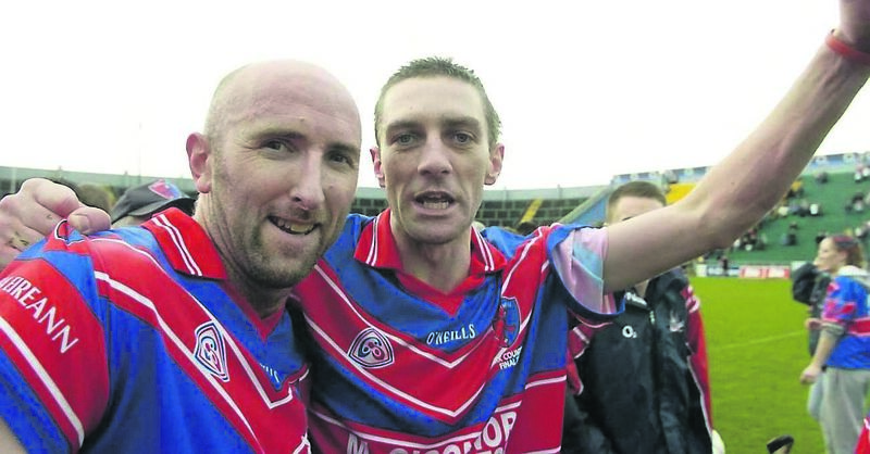 Brian Corcoran and Peter Kelly celebrate Erin’s Own’s county final win over Cloyne in 2006. Picture: Matt Browne/SPORTSFILE