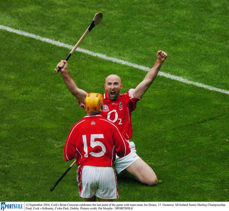 Brian Corcoran celebrates the last point with Joe Deane in 2004. Picture: Pat Murphy/SPORTSFILE