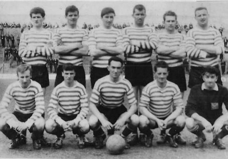 Everton FAI Jun Cup finalists 1966. Back: J Scanlon, J Good, S Cuffe, M Crinnion, D Kennefick, D J Roche. Front: S Feeney, P Browne, W Higgins, D Duffy, W Lingane.