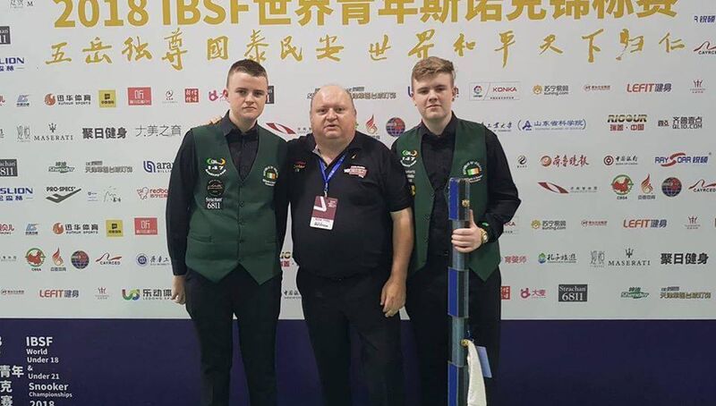 Cork snooker players Ross Bulman and Aaron Hill with national coach PJ Nolan. Cork snooker players Ross Bulman and Aaron Hill with national coach PJ Nolan.