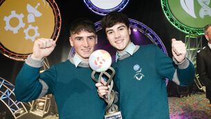 The winners of the 56th BT Young Scientist & Technology Exhibition (BTYSTE) were Alan O'Sullivan and Cormac Harris, both aged 16, fourth year students from Colaiste Choilm, Cork, for a project entitled “A statistical investigation into the prevalence of gender stereotyping in 5-7 year olds and the development of an initiative to combat gender bias”. Picture: Chris Bellew / Fennell Photography 2020