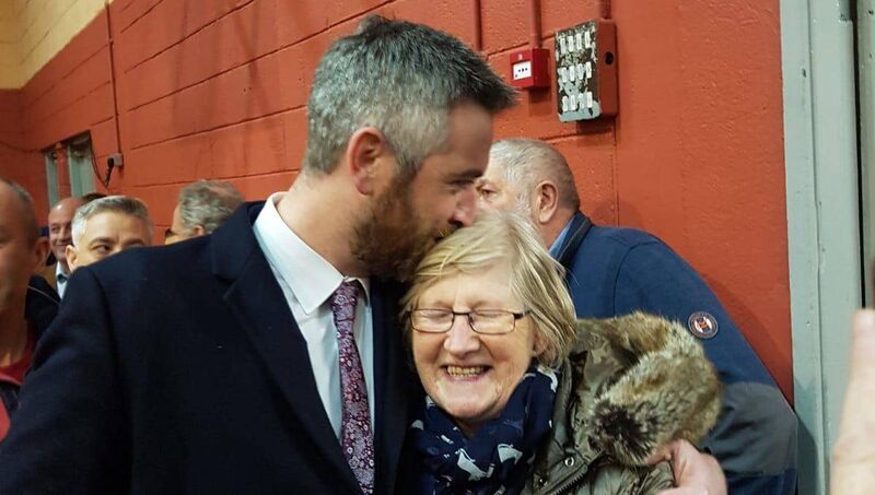 Christopher O'Sullivan (FF) with his mother Patricia at count centre in Clonakilty. Mr O'Sullivan is on course to be elected.