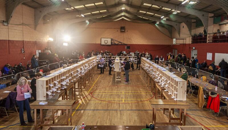 The Cork South West count centre in Clonakilty Community College. Early indications show that Michael Collins will top the poll, followed by Christopher O'Sullivan with a fight for the third seat between Holly Cairns, Tim Lombard and Paul Hayes. Picture: Andy Gibson