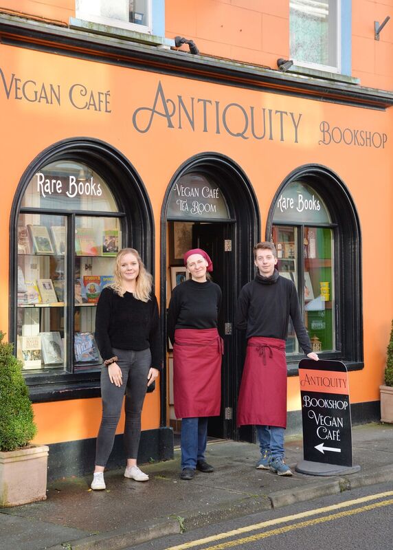 Nicola Smyth, proprietor, with her daughter Shawn and son Junah outside the Antiquity Bookshop Café, Skibbereen, Co. Cork.
