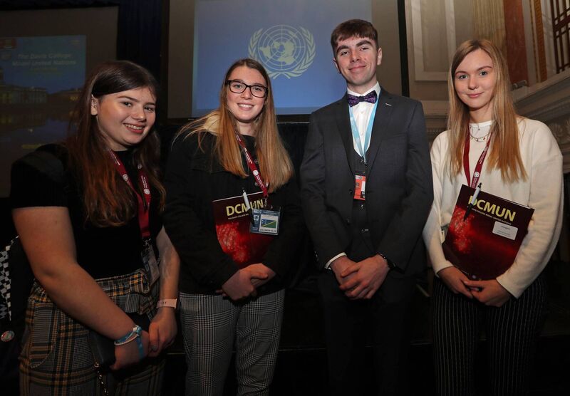 Secretary-General, Robert Dunne, Davis College, with delegates, Sophie O'Doherty, Edmund Rice Carrigaline, Aoife McIver, and Eabha Ni Chochlain, both Gaelcolaiste Carrigaline