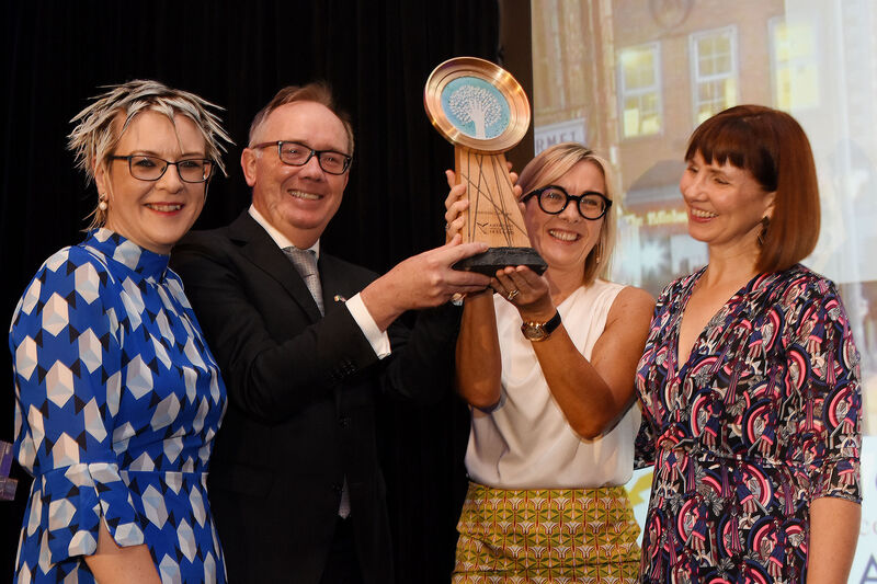 HONOURED FOR THEIR WORK: American Chamber President Mark Gantly presenting I Wish founders Caroline O’Driscoll (Deloitte), Gillian Keating (RDJ Solicitors) and Ruth Buckley (Cork City Council) with the American Chamber of Commerce Ireland Cairdeas Award for their work encouraging and motivating young female students to pursue careers in Science, Technology, Engineering and Maths (STEM).	Picture: John Sheehan