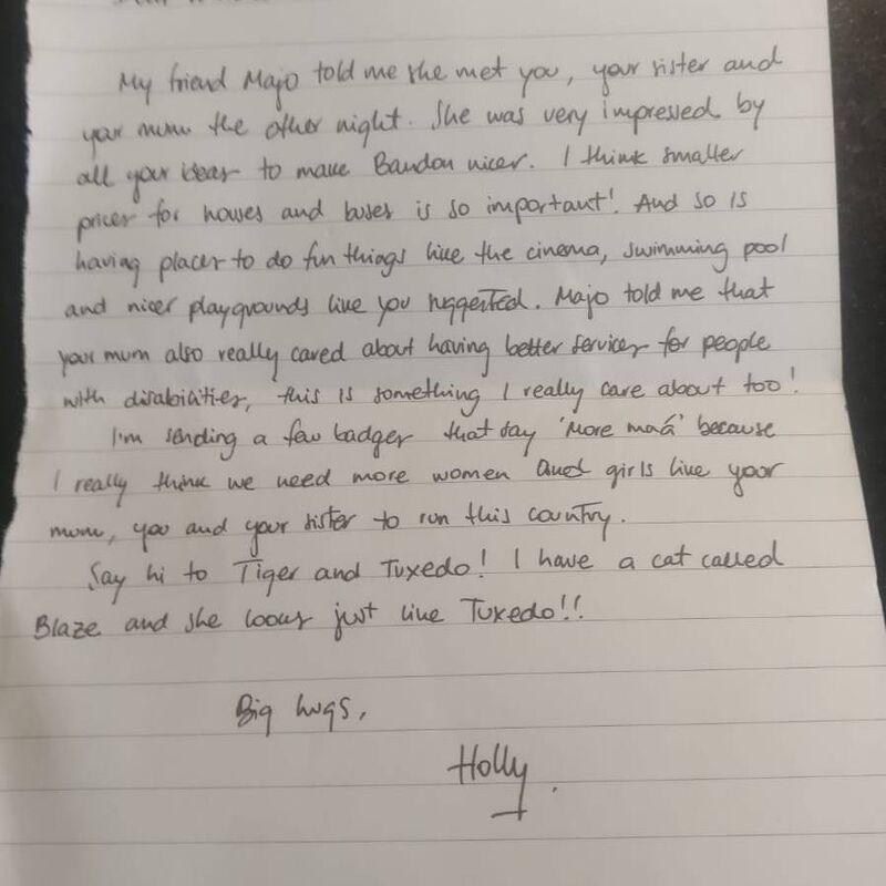 Cllr Holly Cairns took the time to pen a letter to seven-year-old Willow Connolly.