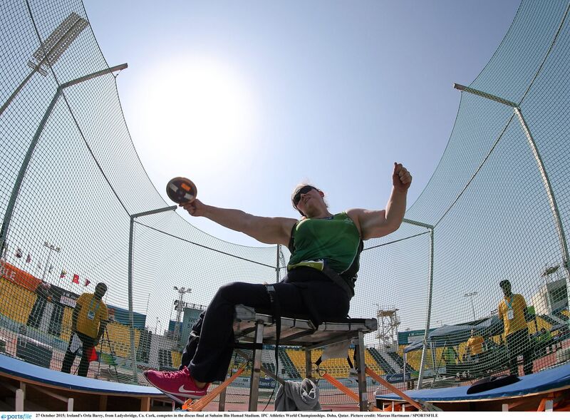 Orla Barry, from Ladysbridge, Co. Cork, competing in the discus final at Suhaim Bin Hamad Stadium. Picture: Marcus Hartmann / SPORTSFILE
