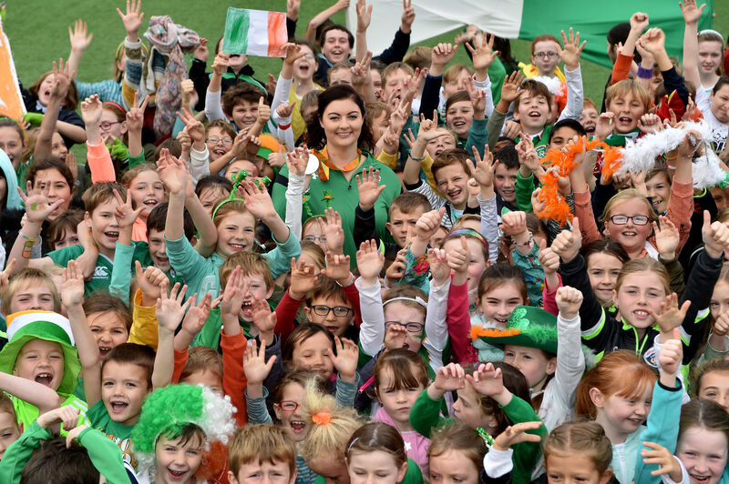 Delighted pupils surround Orla Barry the winner of a silver medal at the 2016 Rio Paralympics to St.Fergals National Schook in Killeagh, Co Cork. Picture: Dan Linehan