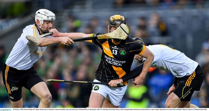 James Bergin of Conahy Shamrocks is tackled by James Kennifick, left, and Paul Lane of Russell Rovers at Croke Park. Picture: Piaras Ó Mídheach/Sportsfile James Bergin of Conahy Shamrocks is tackled by James Kennifick, left, and Paul Lane of Russell Rovers at Croke Park. Picture: Piaras Ó Mídheach/Sportsfile