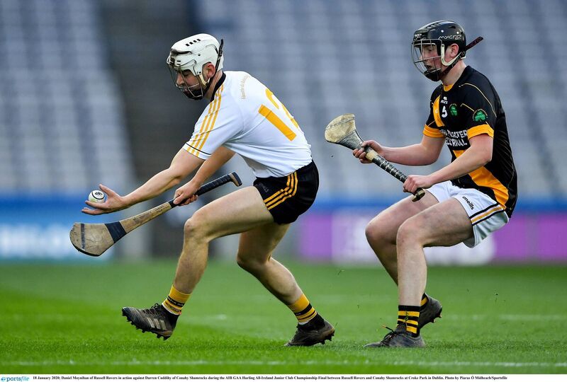 Daniel Moynihan of Russell Rovers in action against Darren Cuddihy of Conahy Shamrocks during the AIB GAA Hurling All-Ireland Junior Club Championship final at Croke Park. Picture: Piaras Ó Mídheach/Sportsfile Daniel Moynihan of Russell Rovers in action against Darren Cuddihy of Conahy Shamrocks during the AIB GAA Hurling All-Ireland Junior Club Championship final at Croke Park. Picture: Piaras Ó Mídheach/Sportsfile