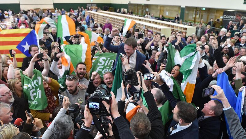 Poll topper Donnchadh Ó Laoghaire (SF) is shouldered in celebration at the Cork South Central Count Centre at Nemo Rangers GAA Club in Cork. Picture Dan Linehan Poll topper Donnchadh Ó Laoghaire (SF) is shouldered in celebration at the Cork South Central Count Centre at Nemo Rangers GAA Club in Cork. Picture Dan Linehan