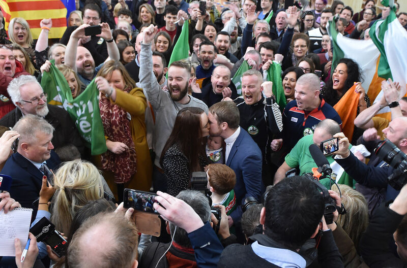 Poll topper Donnchadh Ó Laoghaire (SF) has a kiss for his wife Eimear and baby Fiach at the Cork South Central Count Centre at Nemo Rangers GAA Club in Cork. Picture Dan Linehan Poll topper Donnchadh Ó Laoghaire (SF) has a kiss for his wife Eimear and baby Fiach at the Cork South Central Count Centre at Nemo Rangers GAA Club in Cork. Picture Dan Linehan