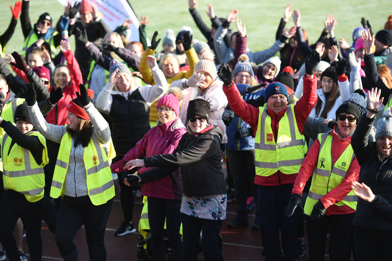 Participants doing the warm-up before the Operation Transformation walk at Cork IT, in dry frosty conditions on Saturday morning.Pic; Larry Cummins.