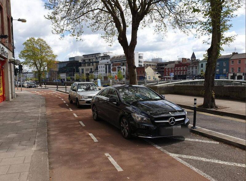 Drivers parking their cars along the cycle lane on Pope's Quay. Picture courtesy Bad Parking Cork.