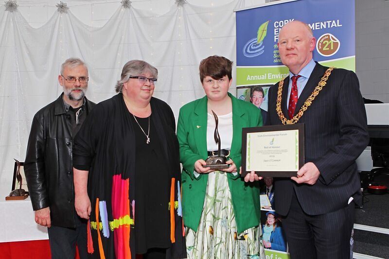 Lord Mayor of Cork, Cllr. John Sheehan presents Saoi O'Connor from Skibbereen with the Outstanding Individual Award, with his her parents Brendan and Isolda, at the annual Cork Environmental Forum Environmental Awards 2019 at the Firkin Crane.Pic: Diane Cusack