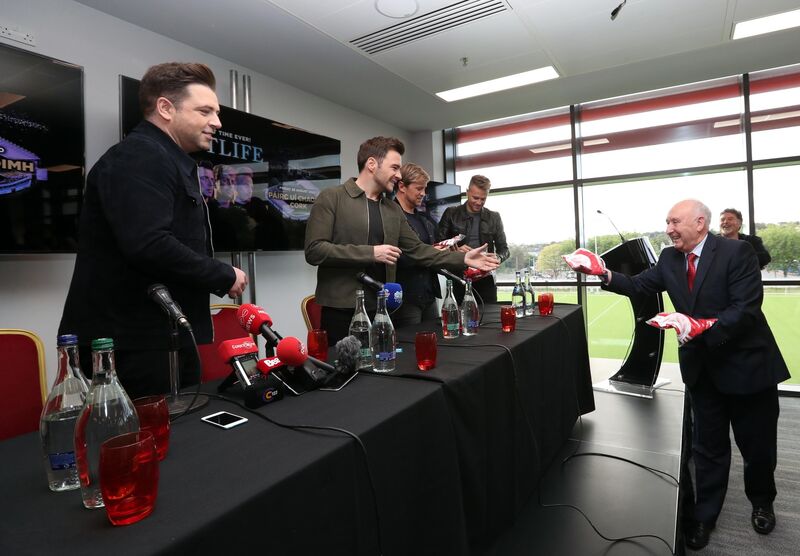 Westlife receive Cork Gaa jerseys from Frank Murphy, at Pairc Ui Chaoimh. Picture: Jim Coughlan. Westlife receive Cork Gaa jerseys from Frank Murphy, at Pairc Ui Chaoimh. Picture: Jim Coughlan.