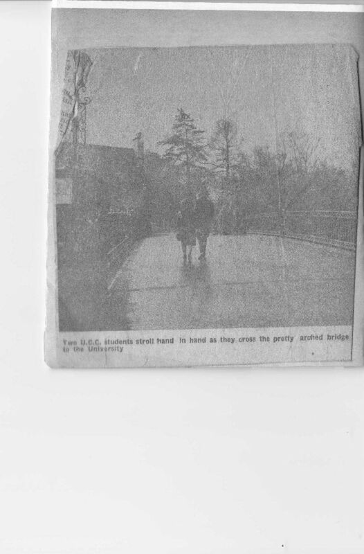 Catherine and Philip Ryan from Aghada crossing the newly named Alumni Bridge in the late 1960s. The Ryans met while studying at UCC, and they were photographed walking hand-in-hand over the Alumni Bridge in a photo taken by The Echo in the late 1960s.