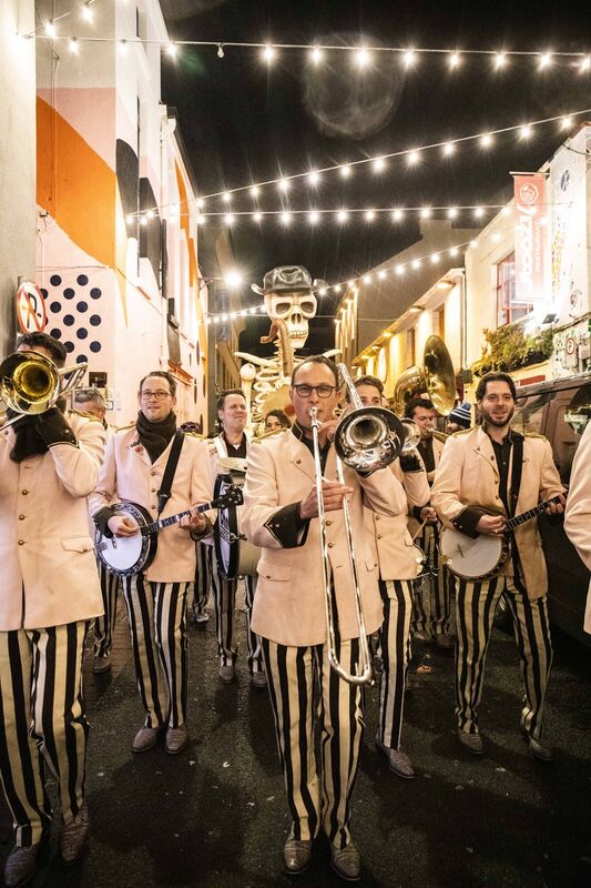 ‘Blaze of Jazz Parade’ through the streets of Cork City on Friday evening.  The sensationalfire-breathing, skeleton-led parade included some of Ireland and Europe’s hottestmarching bands and fiery Cork characters who danced through the city streets in adramatic musical procession, full of flaming antics.Picture: Clare Keogh
