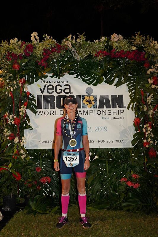 Fiona with her medal, at the Ironman World Championship Race at Kona, Hawaii.
