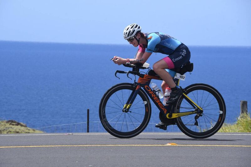 Fiona on her bike during the Ironman World Championship Race at Kona, Hawaii.