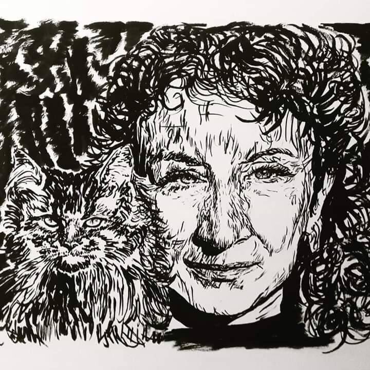 "Margaret Atwood and cat" (ink drawing) By Kirsten Murray.