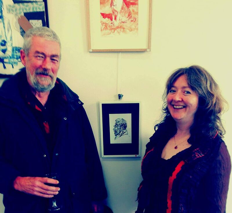 Diarmuid Ó Dálaigh the poet (left) beside his portrait by Kirsten Murray, artist, (right) at "Incantation" exhibition launch. (Photo by Breda Healy)