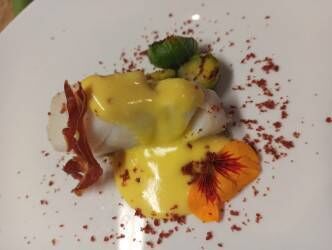 Poached Cod, Charred Brussel Sprouts, Serrano Ham Crumb and Lemon Sabayon By Rebekah Harrington Poached Cod, Charred Brussel Sprouts, Serrano Ham Crumb and Lemon Sabayon By Rebekah Harrington