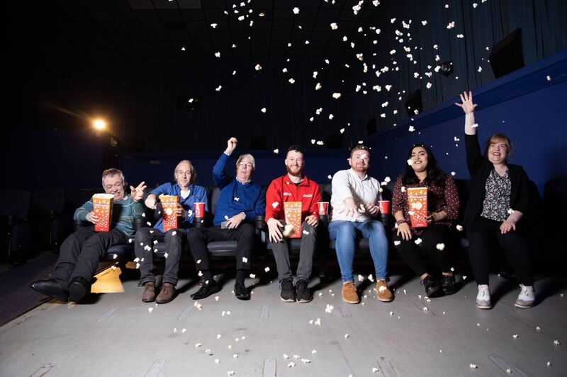 Staff from the Cinema Frank Hogan, Projectionist David Gould, Owner Brendan Flannery, Tom Hickey, James Murphy, Ellie Gannon and Trish Murphy in the cinema on the day it closed its doors. Pic Darragh Kane