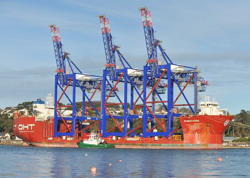 The Offshore Heavy Transport vessel 'Albatross' at Cobh Dockyard in 2017 loading three Liebherr port cranes for export to Puerto Rico. Picture: David Keane.