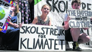 <p>Saoi O’Connor from Cork (front right) pictured alongside global climate change activist Greta Thunberg.	<span class="contextmenu emphasis CaptionCredit">Picture: Getty</span></p>