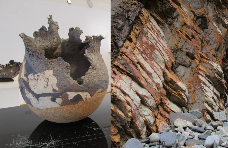 The stunning rock formations in Nohoval Cove (right) and the artwork it inspired. Pictures: Bernadette Tuite.