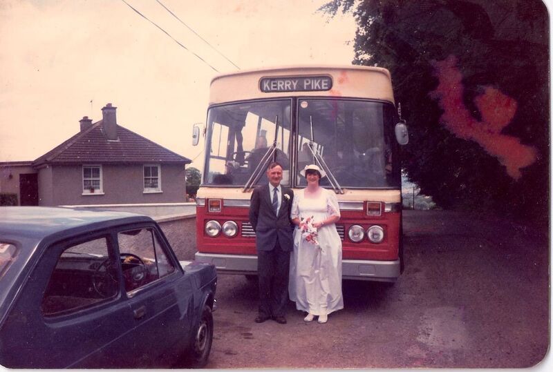 Geraldine Horgan, who made history as one of the first first female bus conductors in Ireland and then went on to become one of the first female bus drivers in the country, on her wedding day with her father Larry. Geraldine travelled to her wedding on a bus.