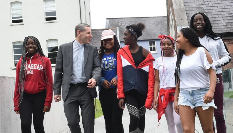 Bishop-Elect Fr Fintan Gavin chats with teenagers attending the Cork City music summer camp at Nano Nagle Place, organised by Cork Migrant Centre, Music Generation Cork and GMC Beats.Pic; Larry Cummins