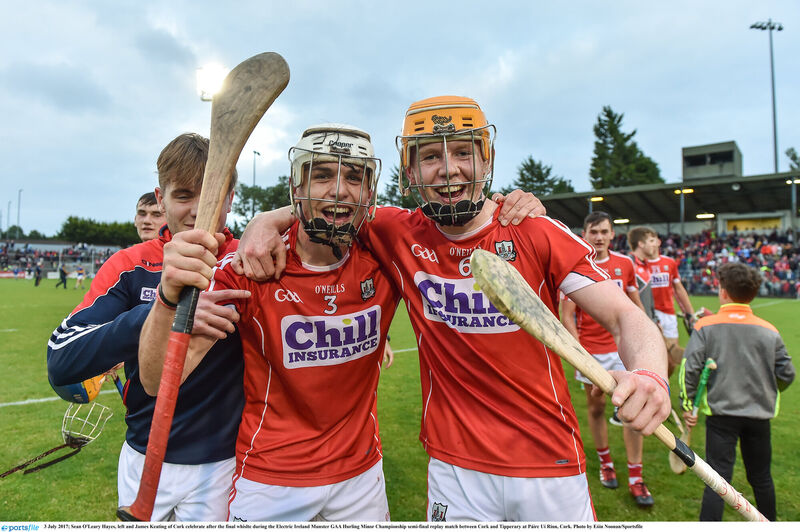 Sean O'Leary Hayes and James Keating after Cork beat Tipp at minor. Picture: Eóin Noonan/Sportsfile