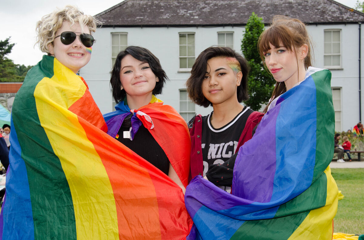 Wrapped up in Pride Colours at the Pride Week Family Fun Day at Fitzgerald's Park in Cork were Hannah Simmons, Kate Healy, Goerga Sandora and Ciara Maclean. Picture: Howard Crowdy