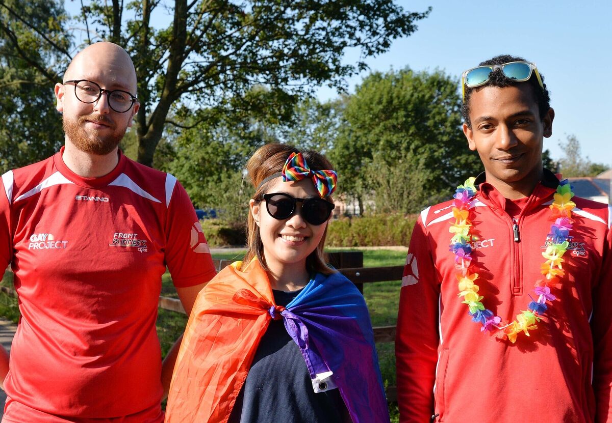 At the Rainbow Run 5k at the Regional Park, Ballincollig, which was run in conjunction with Ballincollig parkrun, Frontrunners Cork and Cork Pride, were (from left) Adam Lacey, Ariel Wang and Thomas Heising of Frontrunners Cork.Picture Denis Minihane.