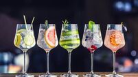 Five colorful gin tonic cocktails in wine glasses on bar counter in pup or restaurant