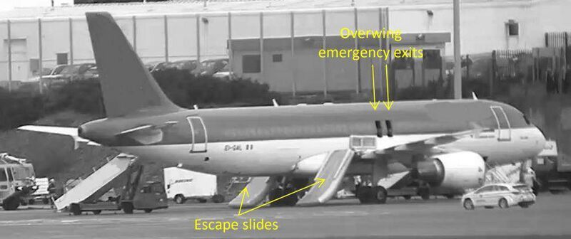 Image from the Air Accident Investigation Unit report showing the plane at Cork Airport with the escape chutes deployed. Image from the Air Accident Investigation Unit report showing the plane at Cork Airport with the escape chutes deployed.