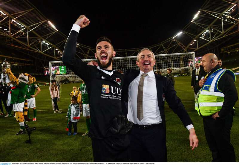 John Caulfield and Mark McNulty celebrate. Picture: Ramsey Cardy/Sportsfile John Caulfield and Mark McNulty celebrate. Picture: Ramsey Cardy/Sportsfile
