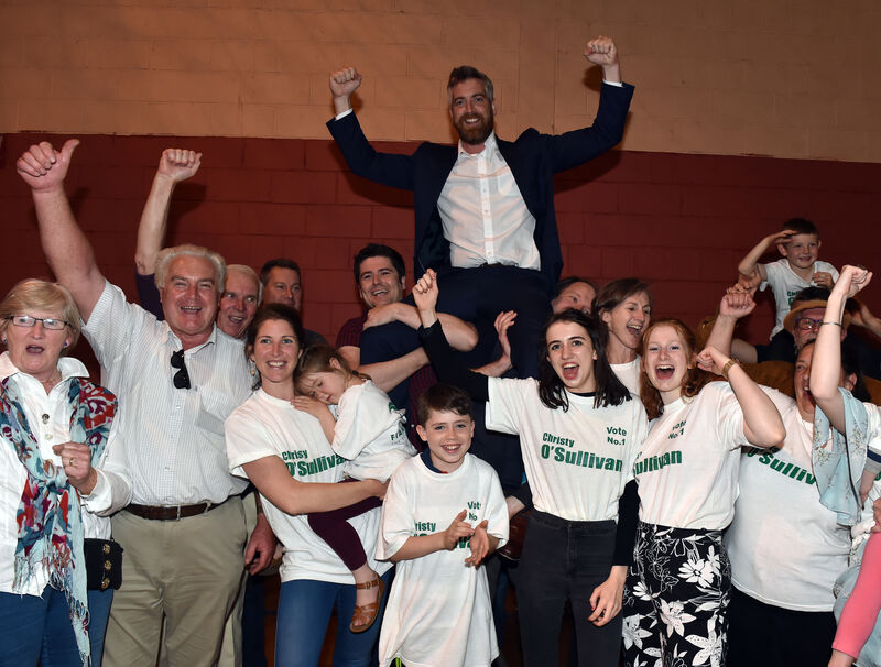 Christopher O'Sullivan, (FF) with family and friends after his election at local electoral area, for Skibbereen -West Cork at the count centre at Clonakilty community centre last night. Picture: Eddie O'Hare Christopher O'Sullivan, (FF) with family and friends after his election at local electoral area, for Skibbereen -West Cork at the count centre at Clonakilty community centre last night. Picture: Eddie O'Hare