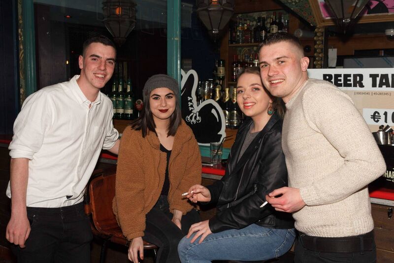 Conor O'Shaughnessy, Conach Gibson, Amy Connolly, and Jordan Keane (All UCC) enjoying themselves in An Brog tonight. Credit: Damian Coleman. Conor O'Shaughnessy, Conach Gibson, Amy Connolly, and Jordan Keane (All UCC) enjoying themselves in An Brog tonight. Credit: Damian Coleman.