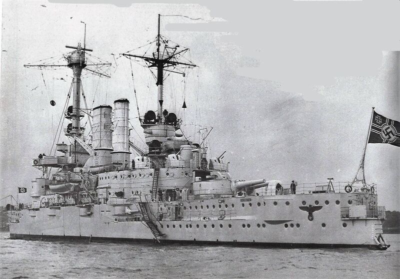 The German pocket-battleship Schlesien at anchor in Cork Harbour in 1939.