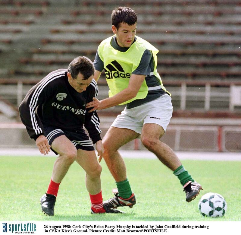 Brian Barry-Murphy is tackled by John Caulfield during training in 1998. Picture: Matt Browne/SPORTSFILE