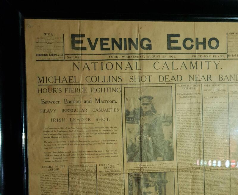 The Evening Echo reports the death of Michael Collins in 1922. Picture courtesy of Daltons Bar. The Evening Echo reports the death of Michael Collins in 1922. Picture courtesy of Daltons Bar.