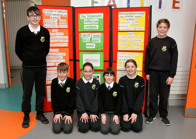 THE ECHO KIDZ ZONE FOR ELAINE 21/03/2019 Gaelscoil Mhainistir na Corann.The Conscious Cup campaigners - (from left) Sam Ó Donnalláin, Darragh Ó Cróinín, Roisín Ní Crotaigh, Áine Ní Riain, Máire Ní Fhinn agus Jake Ó Ciarba. Picture Denis Minihane.