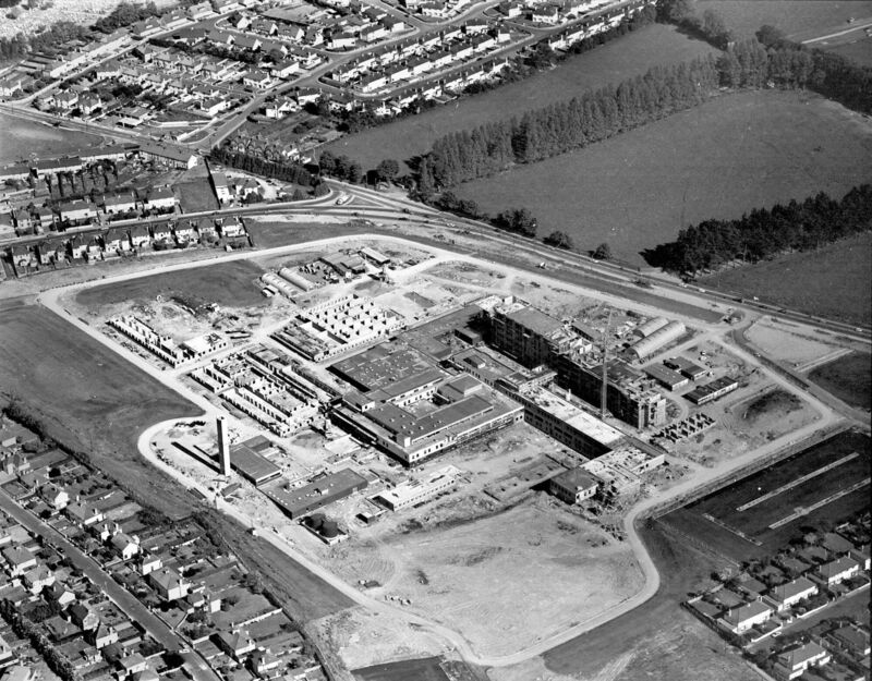 Aerial view of the construction of new Cork Regional Hospital. On right are the old African Missions grounds, now Wilton Shopping Centre 9/5/1975.